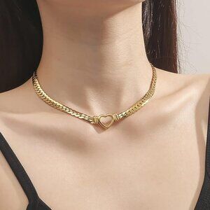 Flat Cuban Link Chunky Chain 18k Gold Plated Stainless Steel Hollow Heart Charms
